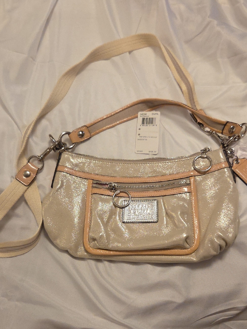 Coach Shimmer Cream Crossbody Bag with Tan Trim